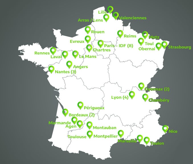 Carte de France : localisation des centres de formations Manuteo.