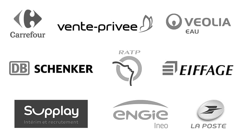 Logos : Carrefour, Vente Privée, Veolia Eau, Schenker, RATP, Eiffage, Supplay, Engie Ineo, La Poste.