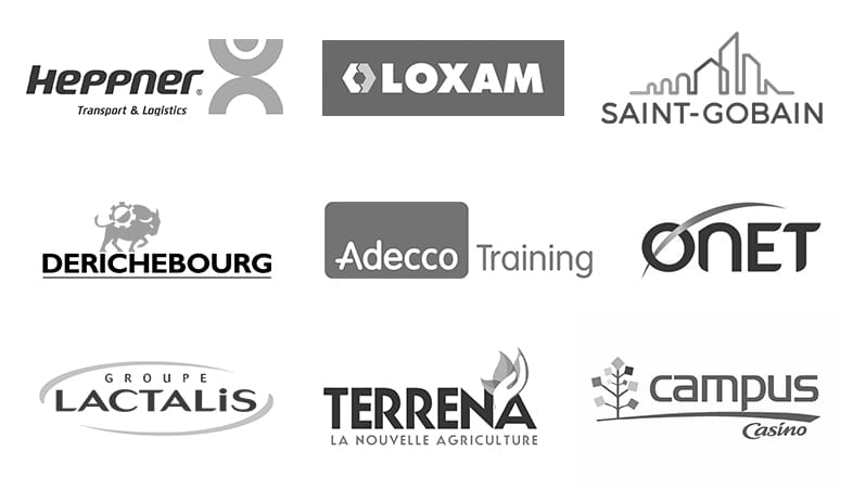 Logos : Heppner, Loxam, Saint-Gobain, Derichebourg, Adecco Training, Onet, Lactalis, Terrena, Campus Casino.